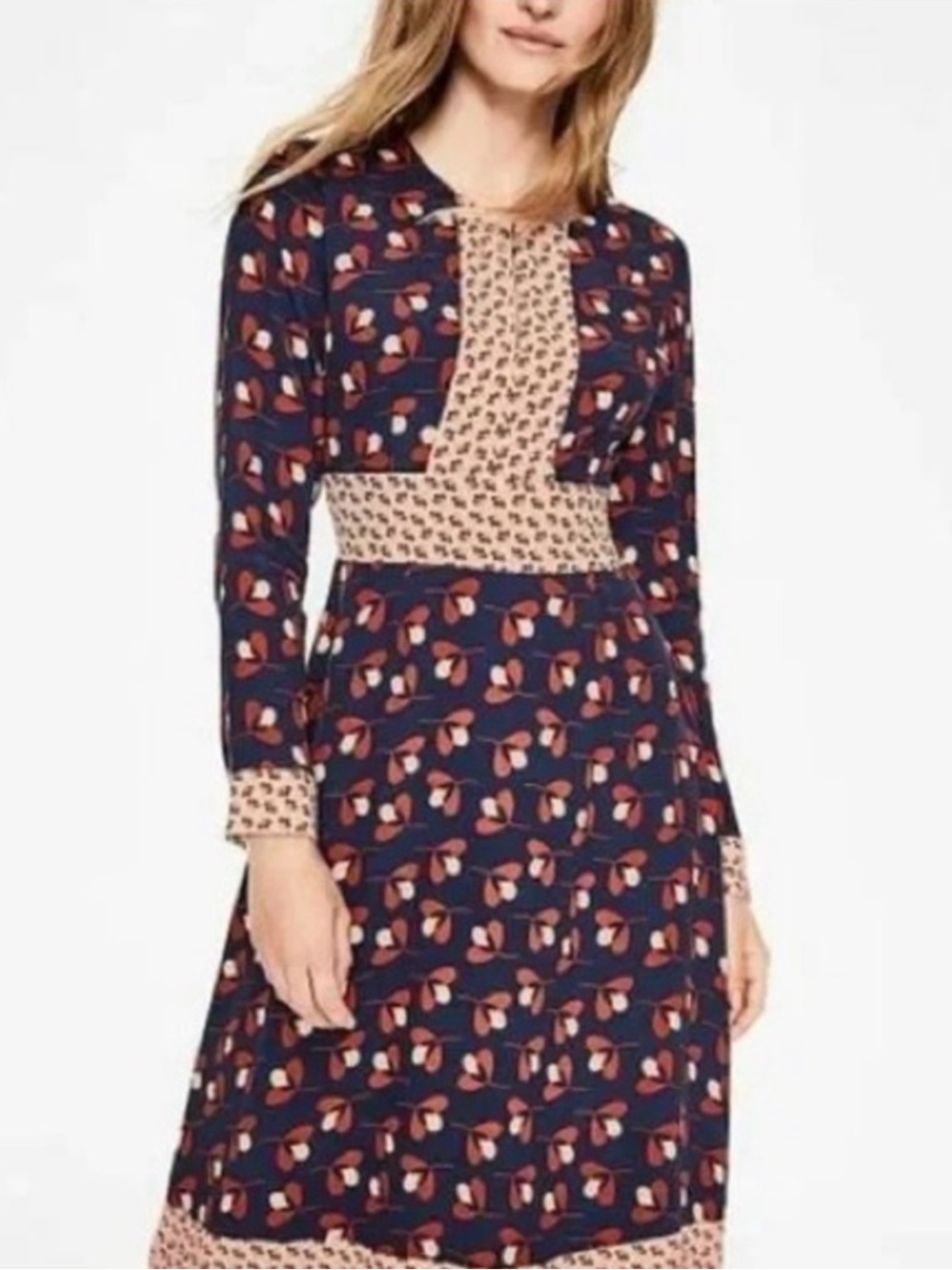 Boden Daisy Conker Midi Dress Floral Print Clover Geo Long Sleeve A-Line - Picture 2 of 12